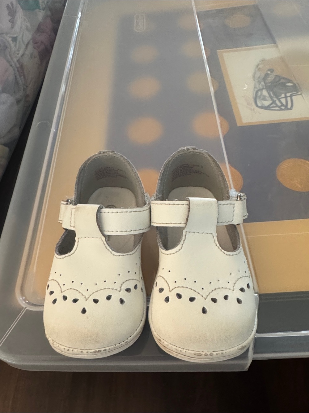 L'Amour White T-Strap Scalloped Baby Shoes